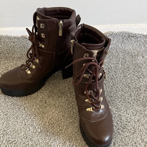 Guess Dark Brown Combat Boots with Silver Accents - Picture 3 of 5